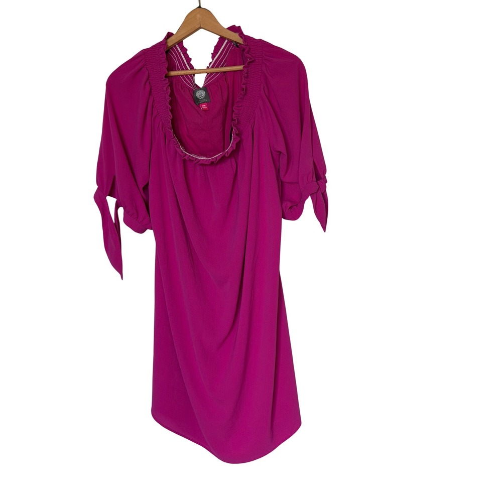 Vince Camuto Dress Womens 24W Magenta Pink Smocked Neck Tie Sleeve Plus Size
